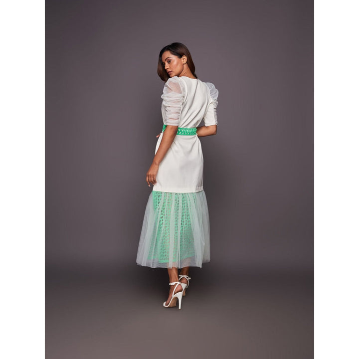 Deepika Arora White & Green Cutwork Lace Midi Dress with Belt (Set of 2)