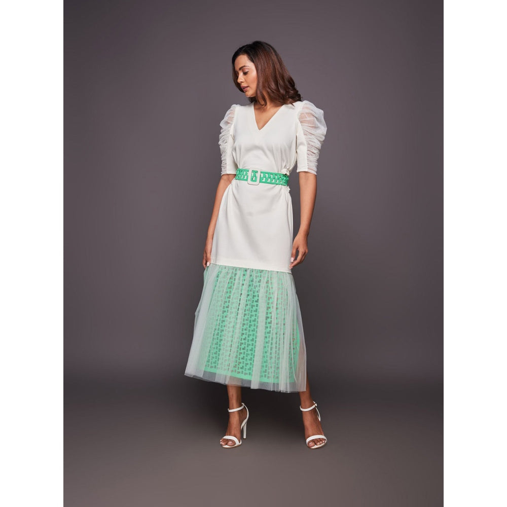 Deepika Arora White & Green Cutwork Lace Midi Dress with Belt (Set of 2)