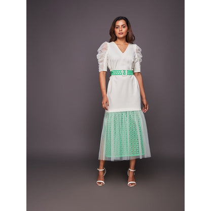 Deepika Arora White & Green Cutwork Lace Midi Dress with Belt (Set of 2)