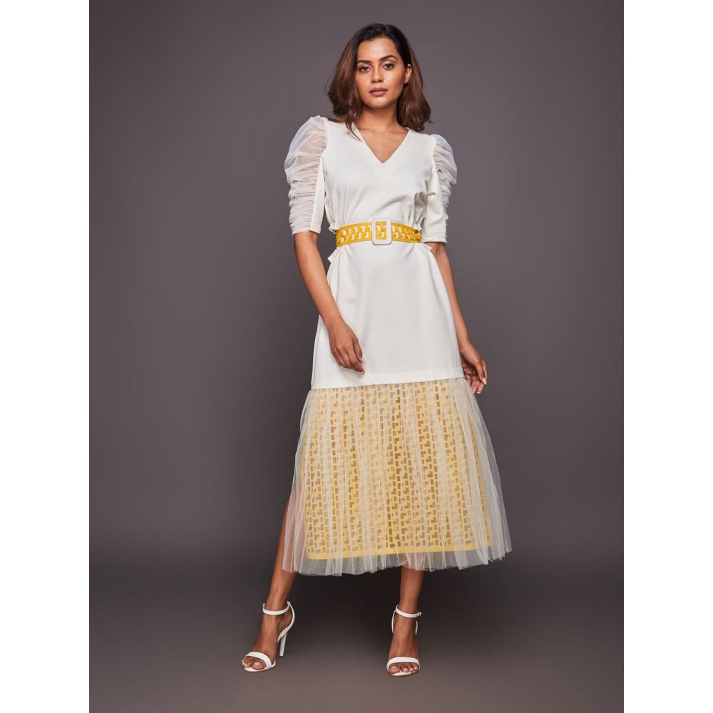 Deepika Arora White & Yellow Cutwork Lace Midi Dress with Belt (Set of 2)