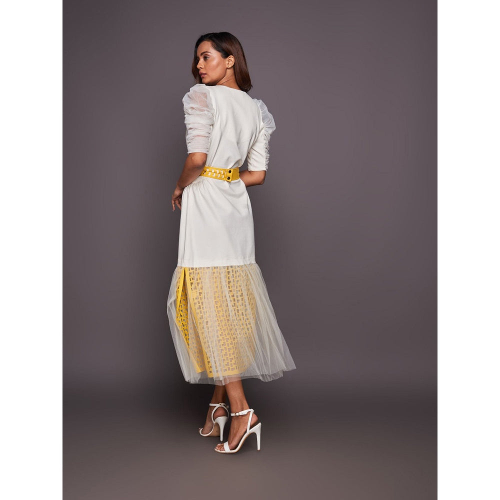 Deepika Arora White & Yellow Cutwork Lace Midi Dress with Belt (Set of 2)