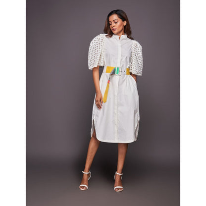 Deepika Arora White Cotton Shirt Dress with Belt (Set of 2)