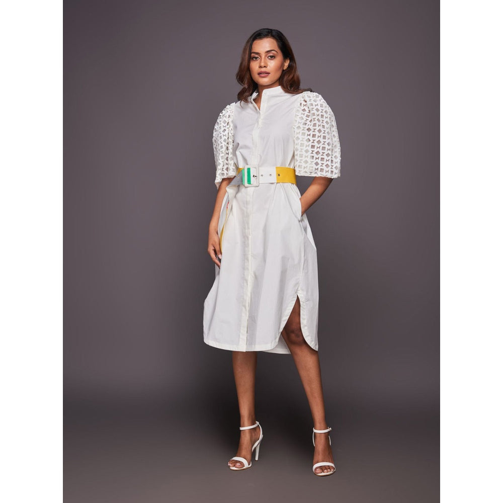 Deepika Arora White Cotton Shirt Dress with Belt (Set of 2)