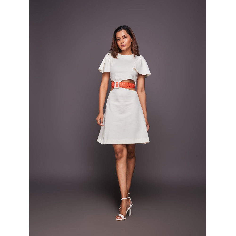 Deepika Arora White Ruffled Sleeve Solid Dress with Belt (Set of 2)