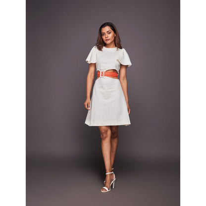 Deepika Arora White Ruffled Sleeve Solid Dress with Belt (Set of 2)
