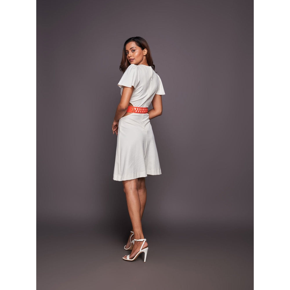 Deepika Arora White Ruffled Sleeve Solid Dress with Belt (Set of 2)