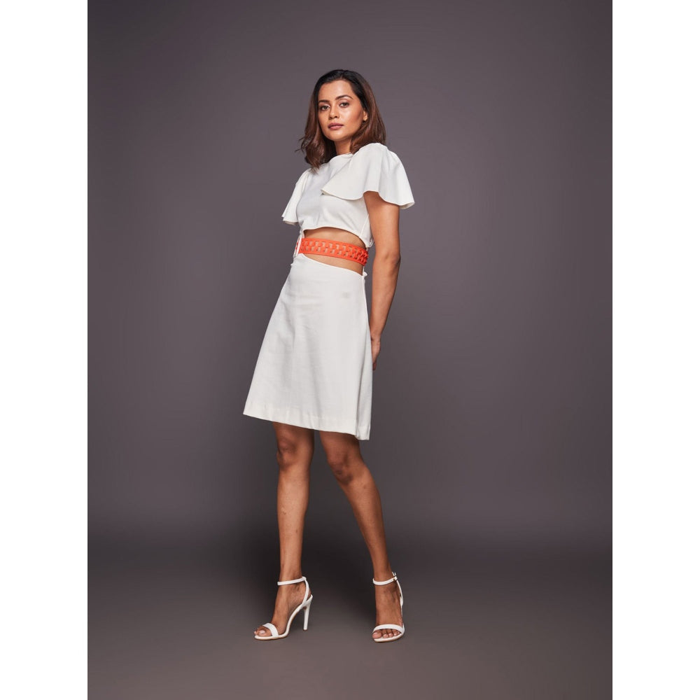 Deepika Arora White Ruffled Sleeve Solid Dress with Belt (Set of 2)