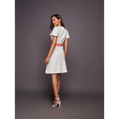 Deepika Arora White Ruffled Sleeve Solid Dress with Belt (Set of 2)