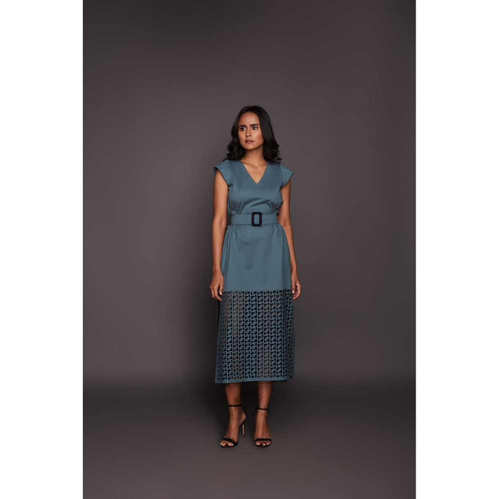 Deepika Arora Dress with Cutwork - Teal (Set of 2)