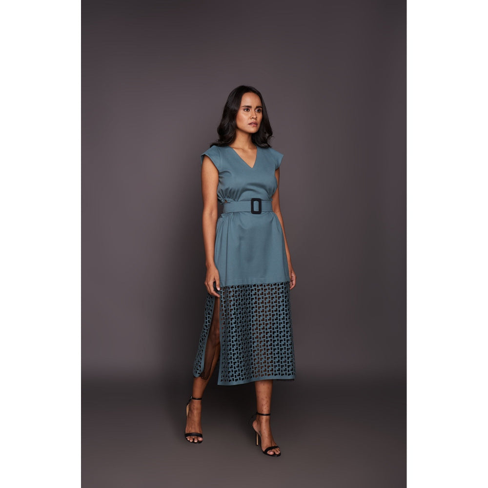 Deepika Arora Dress with Cutwork - Teal (Set of 2)