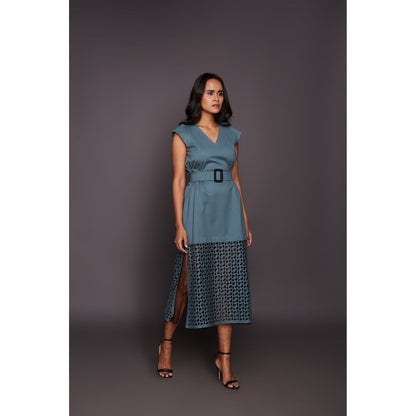 Deepika Arora Dress with Cutwork - Teal (Set of 2)