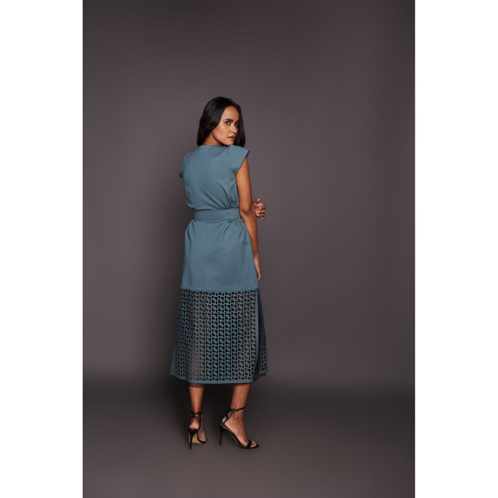 Deepika Arora Dress with Cutwork - Teal (Set of 2)