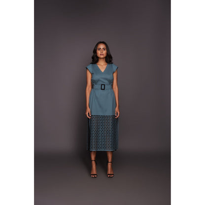 Deepika Arora Dress with Cutwork - Teal (Set of 2)