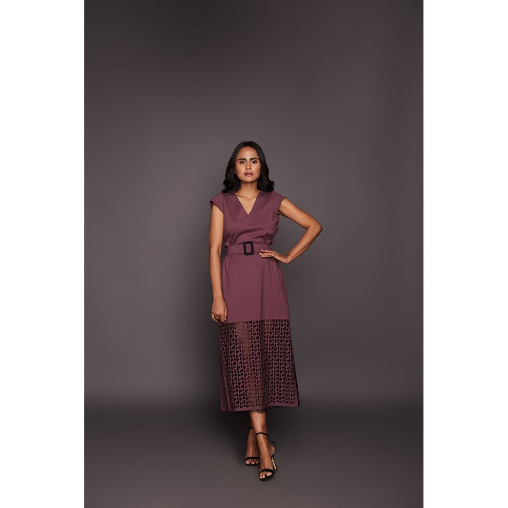 Deepika Arora Dress with Cutwork - Wine (Set of 2)