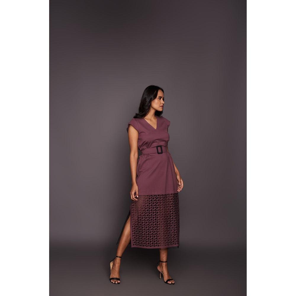 Deepika Arora Dress with Cutwork - Wine (Set of 2)