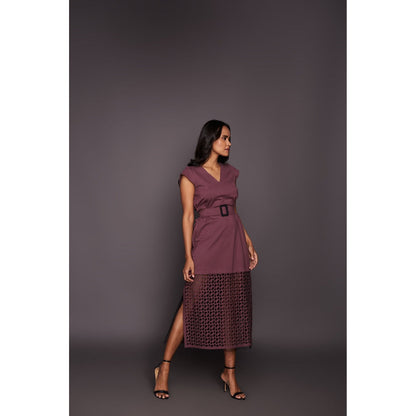 Deepika Arora Dress with Cutwork - Wine (Set of 2)