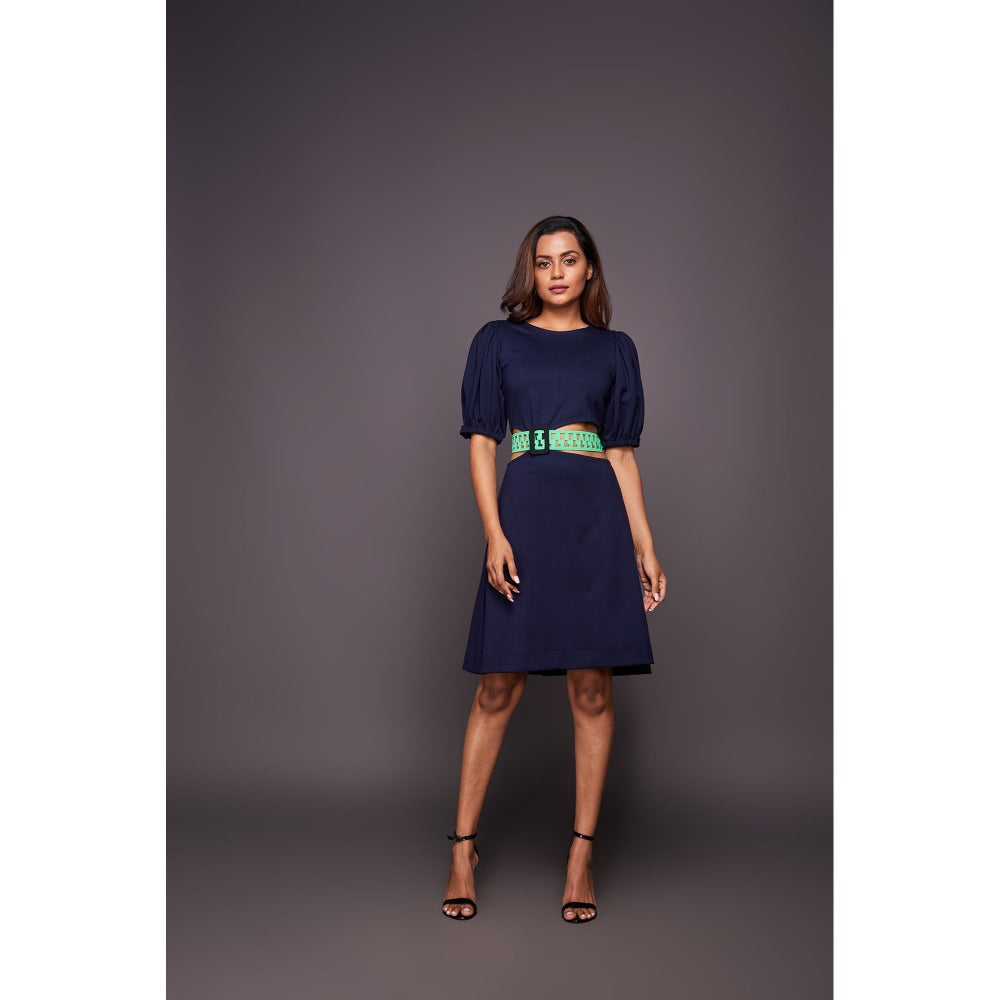 Deepika Arora Solid Dress with Puff Sleeves - Navy Blue (Set of 2)