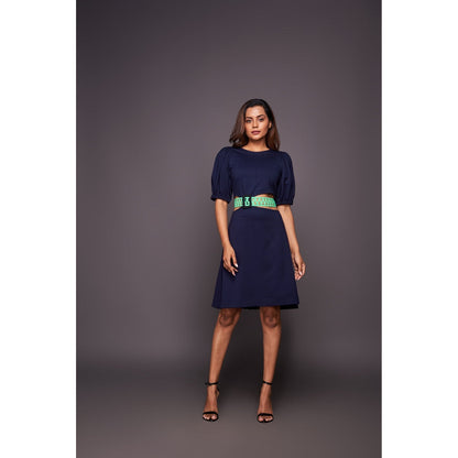 Deepika Arora Solid Dress with Puff Sleeves - Navy Blue (Set of 2)