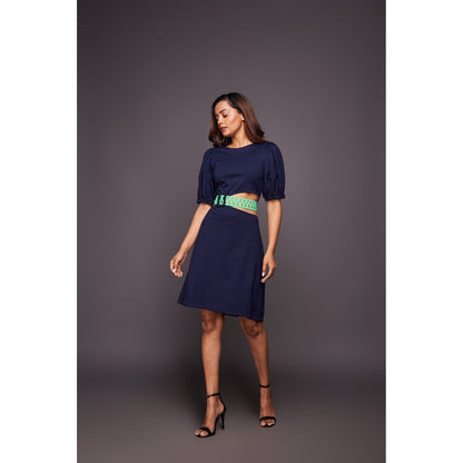 Deepika Arora Solid Dress with Puff Sleeves - Navy Blue (Set of 2)