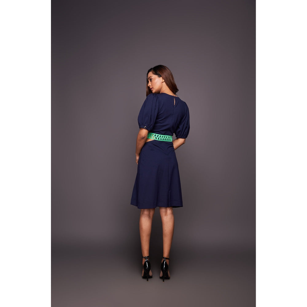 Deepika Arora Solid Dress with Puff Sleeves - Navy Blue (Set of 2)
