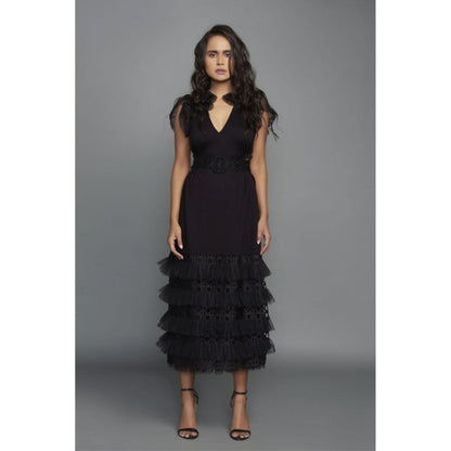 Deepika Arora Midi Layered Dress with A Cut Out At The Waist - Black