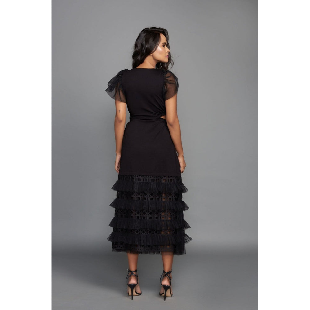Deepika Arora Midi Layered Dress with A Cut Out At The Waist - Black