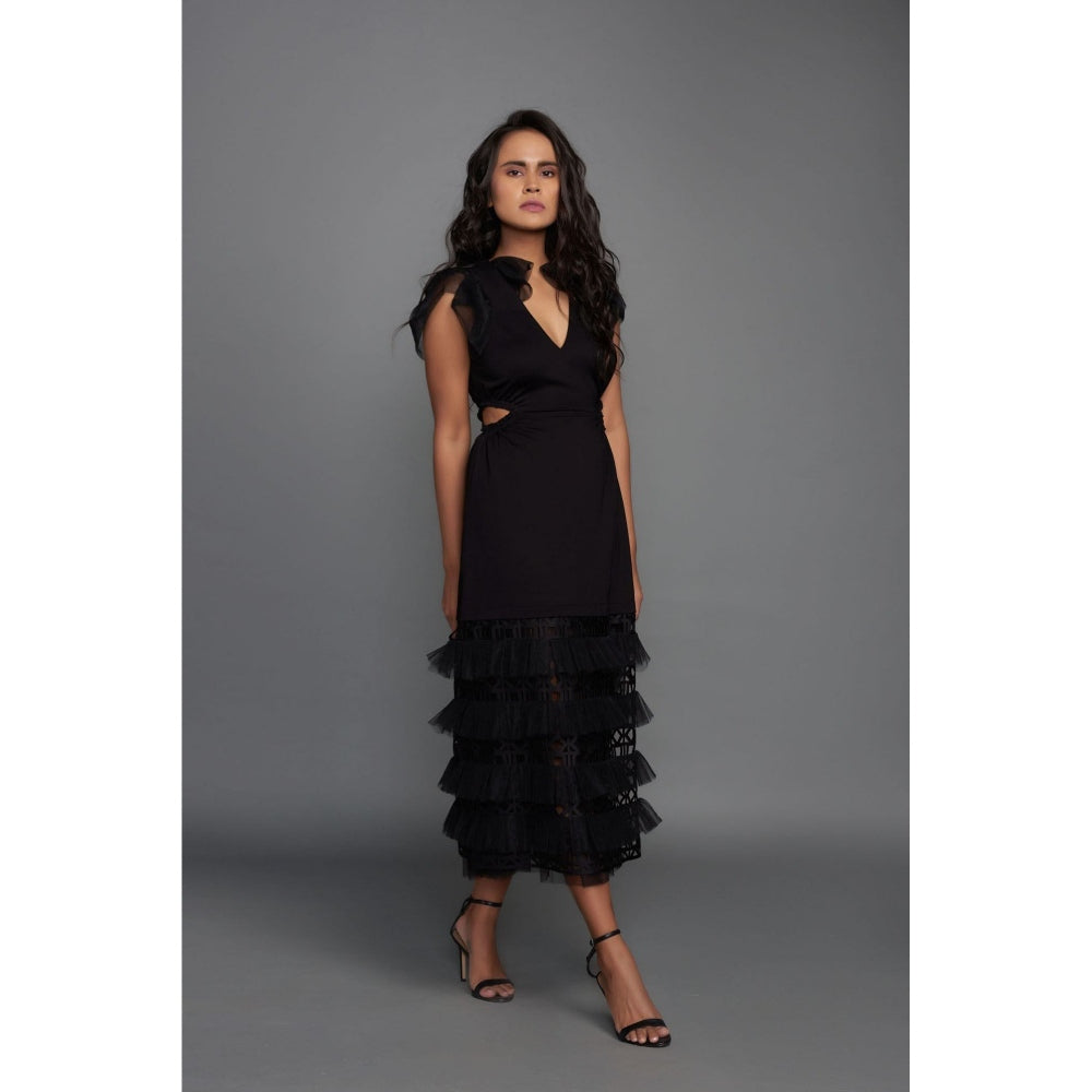 Deepika Arora Midi Layered Dress with A Cut Out At The Waist - Black