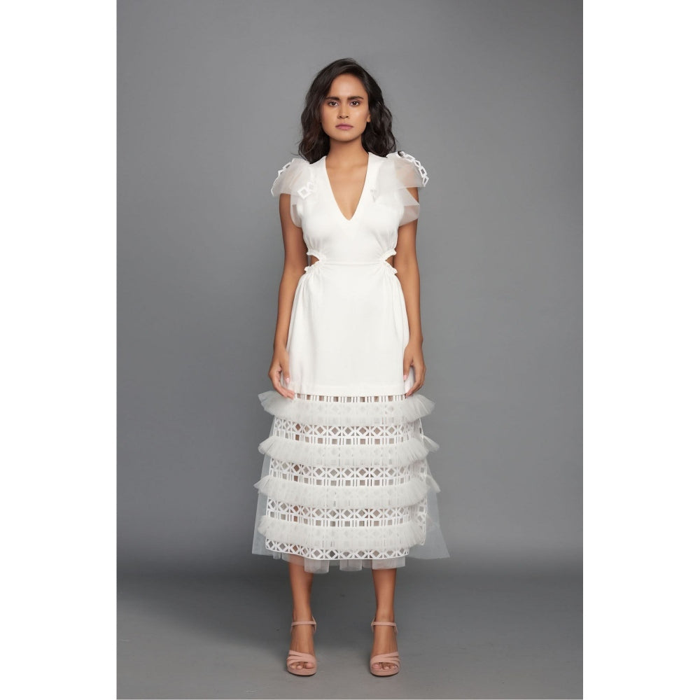 Deepika Arora Midi Layered Dress with A Cut Out At The Waist - White