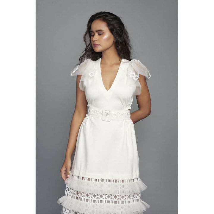 Deepika Arora Midi Layered Dress with A Cut Out At The Waist - White