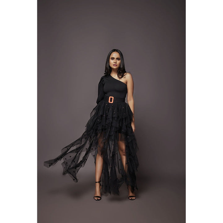 Deepika Arora Bodysuit with Ruffled Skirt - Black (Set of 4)