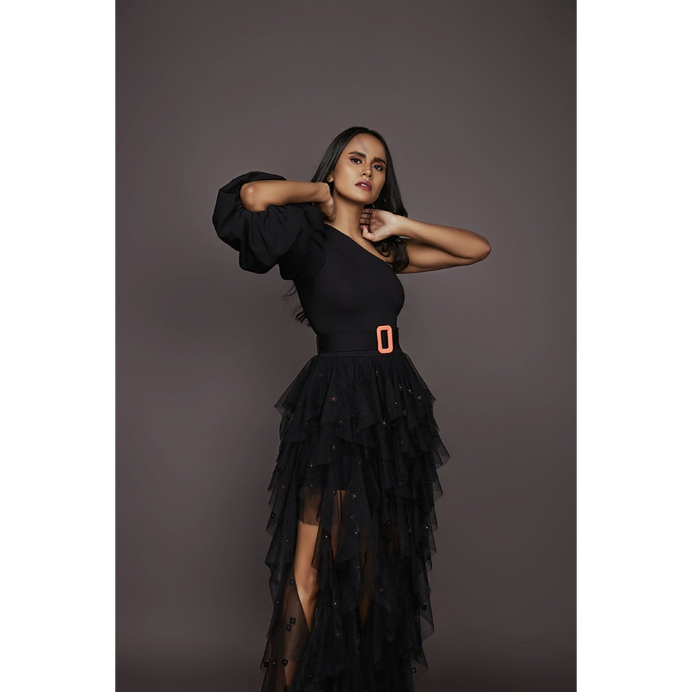 Deepika Arora Bodysuit with Ruffled Skirt - Black (Set of 4)