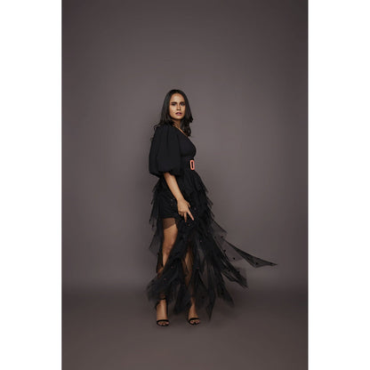 Deepika Arora Bodysuit with Ruffled Skirt - Black (Set of 4)