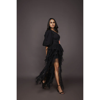 Deepika Arora Bodysuit with Ruffled Skirt - Black (Set of 4)