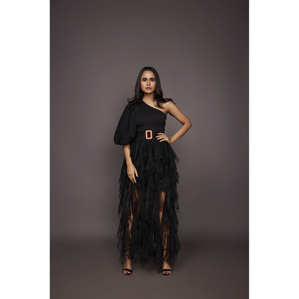 Deepika Arora Bodysuit with Ruffled Skirt - Black (Set of 4)