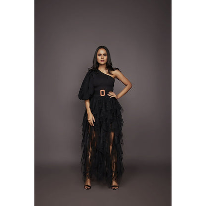 Deepika Arora Bodysuit with Ruffled Skirt - Black (Set of 4)