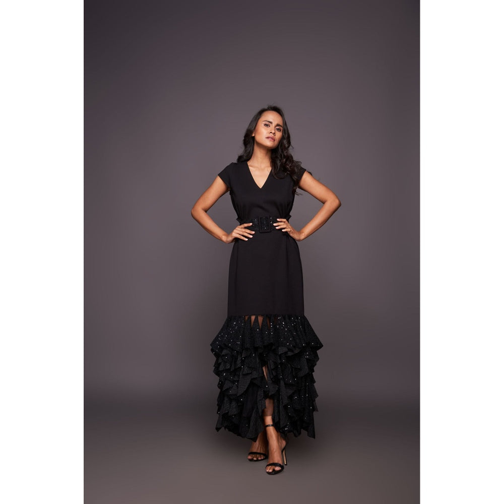 Deepika Arora Black Sequin Ruffled Bottom Maxi Dress