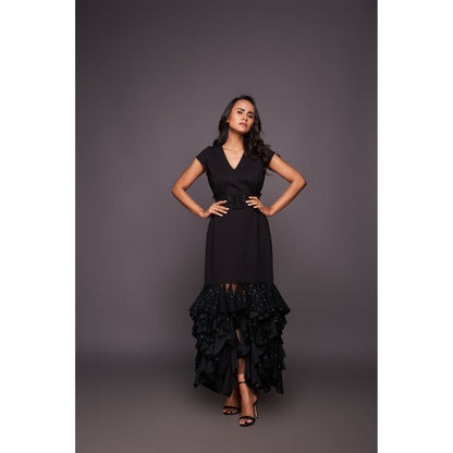 Deepika Arora Black Sequin Ruffled Bottom Maxi Dress