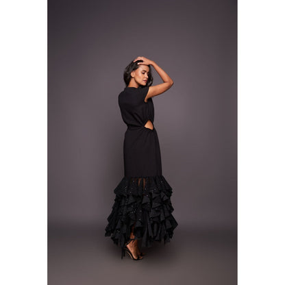 Deepika Arora Black Sequin Ruffled Bottom Maxi Dress
