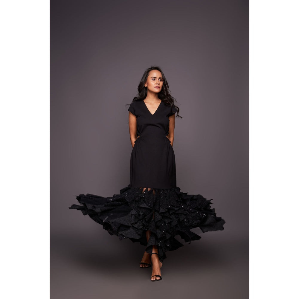 Deepika Arora Black Sequin Ruffled Bottom Maxi Dress