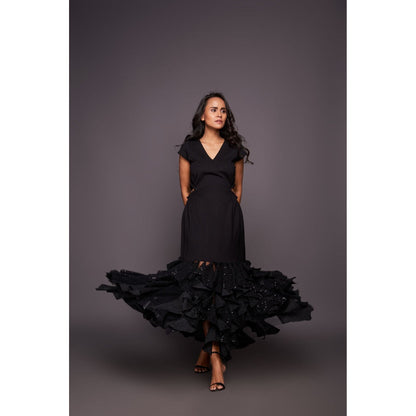 Deepika Arora Black Sequin Ruffled Bottom Maxi Dress