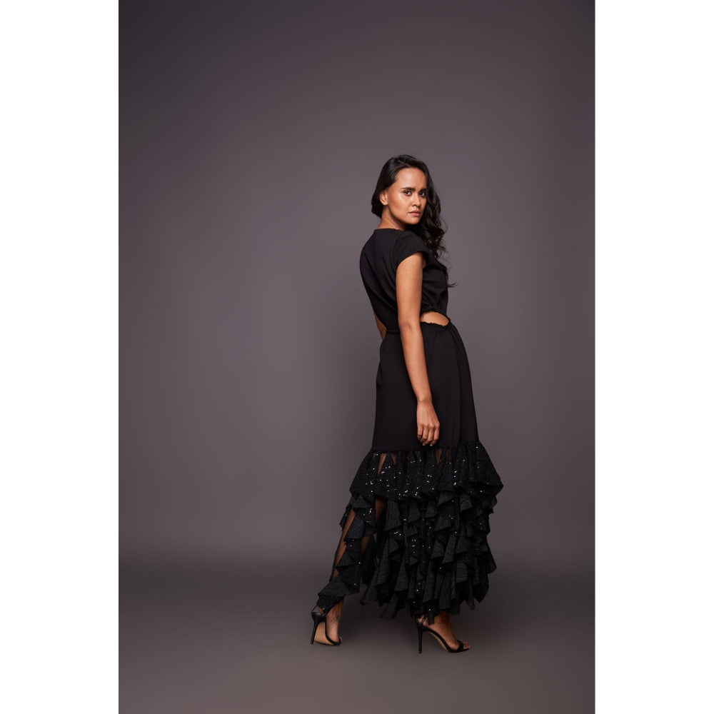 Deepika Arora Black Sequin Ruffled Bottom Maxi Dress
