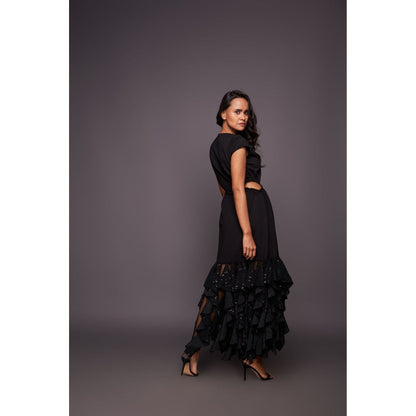 Deepika Arora Black Sequin Ruffled Bottom Maxi Dress