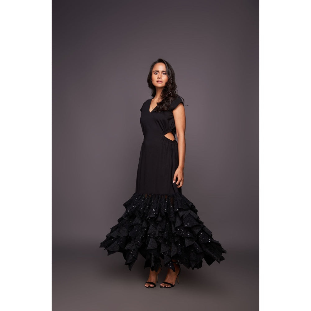 Deepika Arora Black Sequin Ruffled Bottom Maxi Dress
