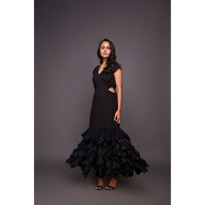 Deepika Arora Black Sequin Ruffled Bottom Maxi Dress