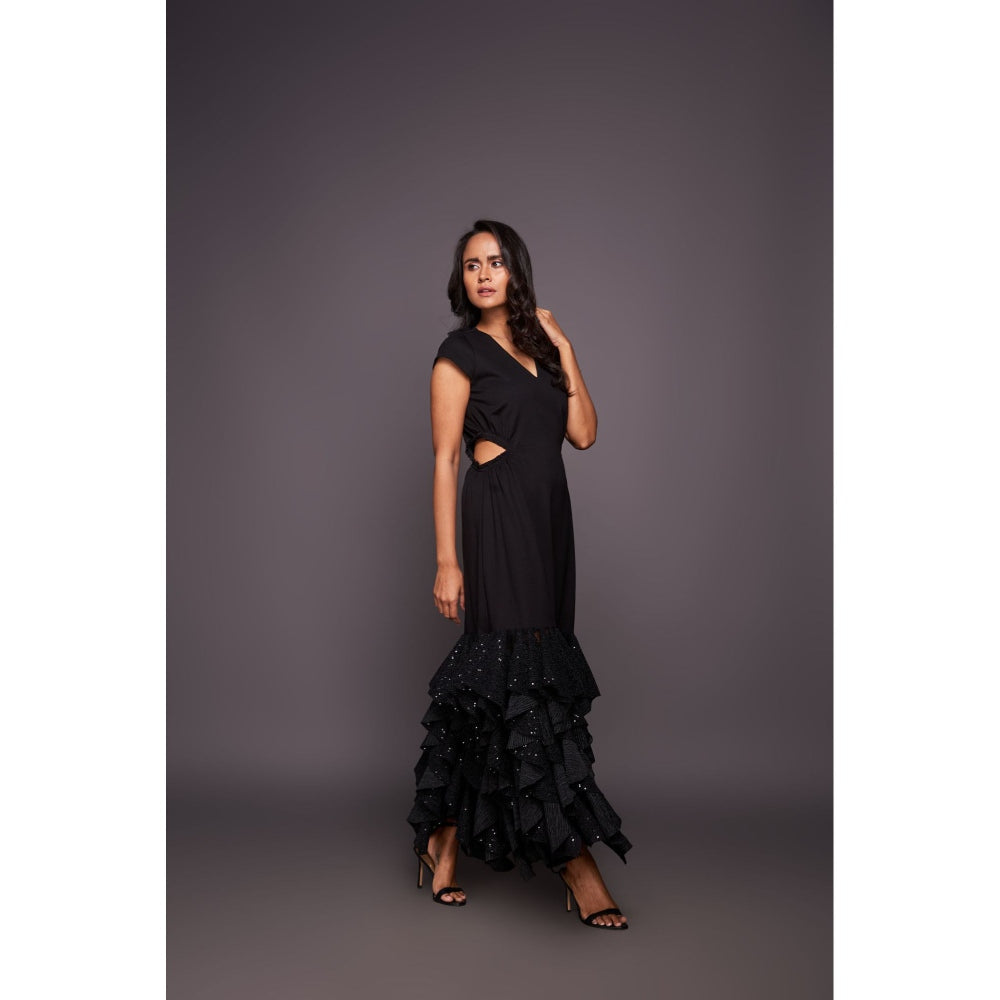 Deepika Arora Black Sequin Ruffled Bottom Maxi Dress