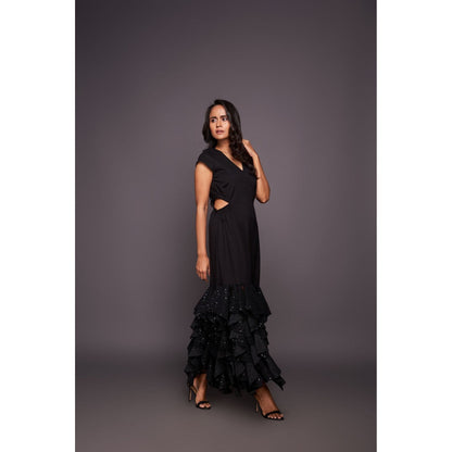 Deepika Arora Black Sequin Ruffled Bottom Maxi Dress