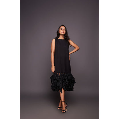Deepika Arora Black Shift Midi Dress with Ruffled Bottom