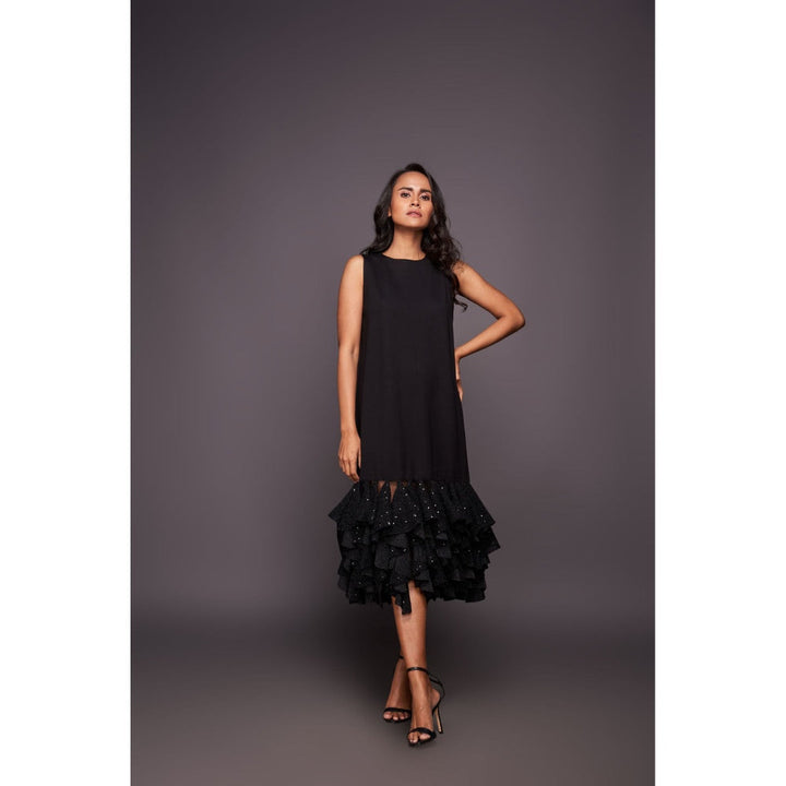 Deepika Arora Black Shift Midi Dress with Ruffled Bottom