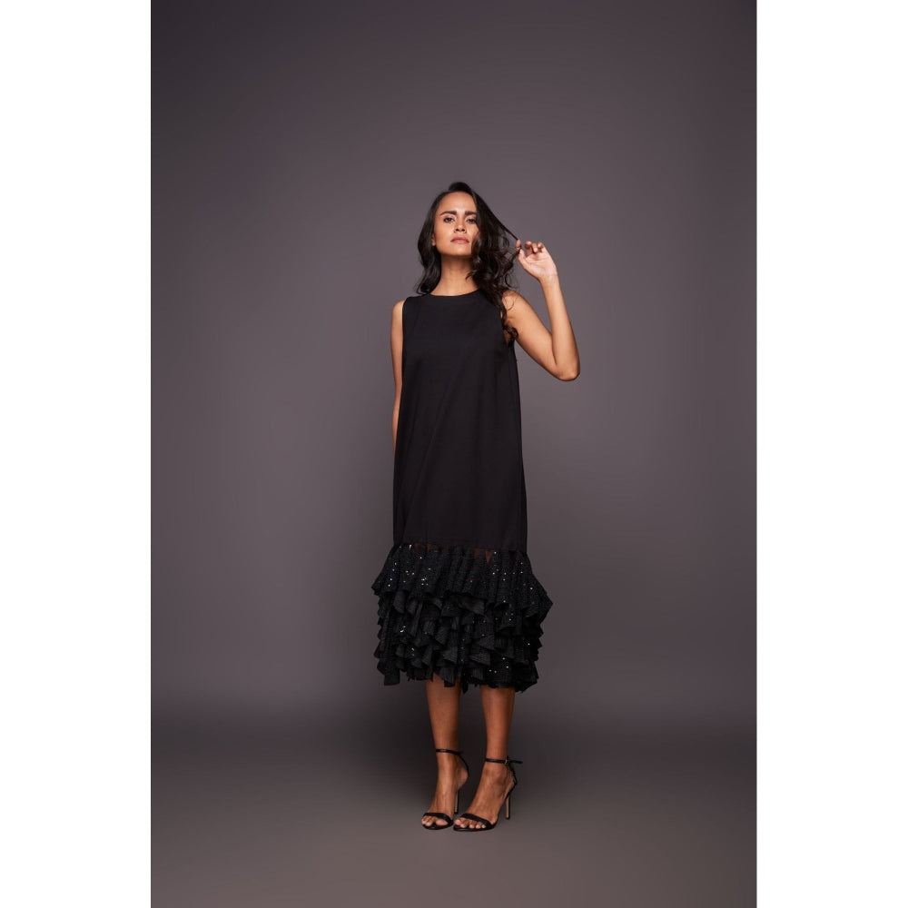 Deepika Arora Black Shift Midi Dress with Ruffled Bottom