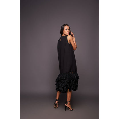 Deepika Arora Black Shift Midi Dress with Ruffled Bottom
